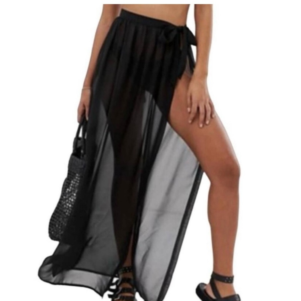ASOS black sheer wrap skirt swim coverup